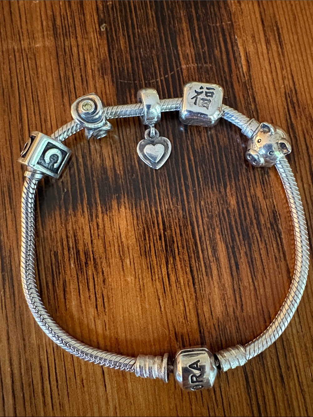 Pandora Silver Charm Bracelet with Heart Dangle and Mixed Charms